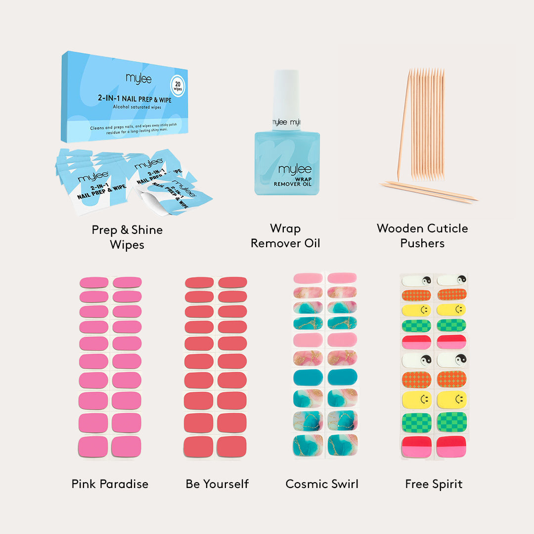 Mylee Gel Nail Wrap Kit: 4 Spring Summer Wraps, Prep Wipes, Remover Oil and Cuticle Sticks